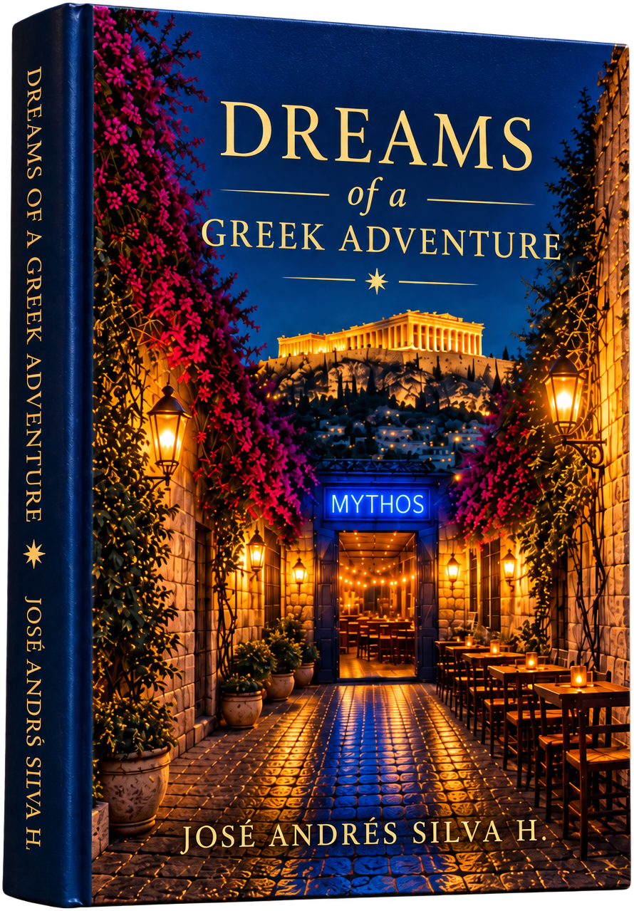 Dreams of a Greek Adventure by José Andrés Silva Hirane, standing on the lamplit stone road